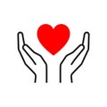 Black isolated outline icon of heart in hands on white background. Line icon of red heart and hands. Symbol of care, love, charity Royalty Free Stock Photo