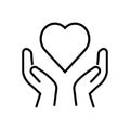 Black isolated outline icon of heart in hands on white background. Line icon of heart and hands. Symbol of care, love, charity Royalty Free Stock Photo
