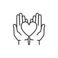 Black isolated outline icon of heart in hands on white background. Line icon of heart and two hands. Symbol of care, love, charity Royalty Free Stock Photo