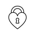 Black isolated outline icon of heart shape lock on white background. Line Icon of closed heart shape lock.