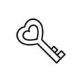 Black isolated outline icon of key in heart shape on white background. Line Icon of key. Symbol of love. Royalty Free Stock Photo