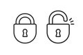 Black isolated outline icon of locked and unlocked lock on white background. Set of Line Icon of padlock. Royalty Free Stock Photo