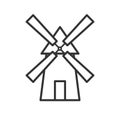 Black isolated outline icon of mill on white background. Line Icon of windmill.