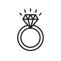 Black isolated outline icon of ring with diamond on white background. Line Icon of wedding ring. Royalty Free Stock Photo