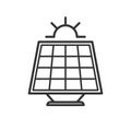 Black isolated outline icon of solar panel with sun on white background. Line Icon of solar battery.