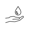 Black isolated outline icon of water drop in hand on white background. Line aqua drop and hand. Symbol of care, charity. Save