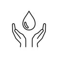 Black Isolated outline icon of water drop in hands on white background. Line icon of aqua drop and hands. Symbol of care, charity