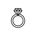 Black isolated outline icon of wedding ring with diamond on white background. Line Icon of wedding ring. Royalty Free Stock Photo