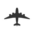 Black isolated silhouette of airplane on white background. View from above of aeroplane.