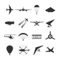 Black isolated silhouette of hydroplane, airplane, parachute, helicopter, propeller, hang-glider, dirigible, paraglide, balloon. S Royalty Free Stock Photo