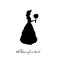 Black isolated silhouette of young girl. Vintage woman contour. Romantic woman in retro dress. Lady with bunch of flowers Royalty Free Stock Photo