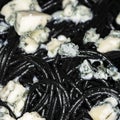 Black Italian spaghetti  pasta with blue cheese with mold and olive oil  macro picture. Home cooking. Royalty Free Stock Photo