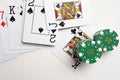 Black Jack cards with pile of casino chips as winning bet Royalty Free Stock Photo