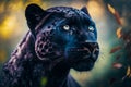 Black jaguar with blue eyes in the woods. Generative AI Royalty Free Stock Photo