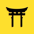 Black Japan Gate icon isolated on yellow background. Torii gate sign. Japanese traditional classic gate symbol. Long Royalty Free Stock Photo