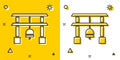 Black Japan Gate icon isolated on yellow and white background. Torii gate sign. Japanese traditional classic gate symbol Royalty Free Stock Photo