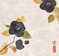 Black japanese camelia flowers on vintage paper background. Traditional Japanese ink wash painting sumi-e in romantic