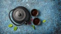 Black japanese cast iron teapot with tea and fresh mint Royalty Free Stock Photo