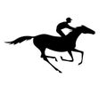 Black jockey and horse silhouette with gallop motion on white.