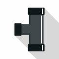 Black joint T pipe connection icon, flat style