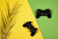 black joysticks, game controller with palm leaf isolated on yellow and green backgroud. Royalty Free Stock Photo