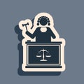 Black Judge with gavel on table icon isolated on grey background. Long shadow style. Vector Royalty Free Stock Photo