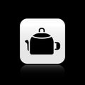 Black Kettle with handle icon isolated on black background. Teapot icon. Silver square button. Vector