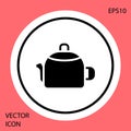 Black Kettle with handle icon isolated on red background. Teapot icon. White circle button. Vector Royalty Free Stock Photo