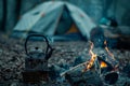 A black kettle sits on a fire next to a tent