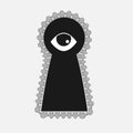 Black Keyhole with eye icon isolated. The eye looks into the keyhole. Keyhole eye hole. Vector Illustration