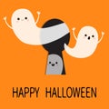 Black keyhole. Flying ghost spirit set. Happy Halloween. Three scary white ghosts key hole. Cute cartoon spooky character. Face, f