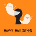 Black keyhole. Flying ghost spirit set. Happy Halloween. Two scary white ghosts key hole. Cute cartoon spooky character. Face, fri Royalty Free Stock Photo