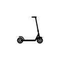 Black kick scooter or balance bike icon. Flat push scooter isolated on white