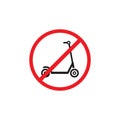 Black kick scooter or balance bike in red crossed circle icon. No push scooter s sign isolated on white