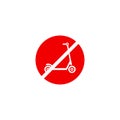 Black kick scooter or balance bike in red crossed circle icon. No push scooter s sign isolated on white Royalty Free Stock Photo