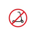 Black kick scooter or balance bike in red crossed circle icon. No push scooter s sign isolated on white