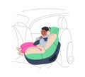 Black kid sleeping in baby car seat. Toddler passenger sitting in child safety chair in auto. Boy asleep in headphones