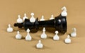 Black king chess piece fallen on a board with white small chess pieces Royalty Free Stock Photo