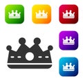 Black King crown icon isolated on white background. Set icons in color square buttons. Vector Royalty Free Stock Photo