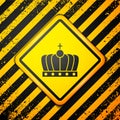 Black King crown icon isolated on yellow background. Warning sign. Vector