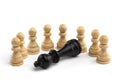 The black king lies in front of a row of white pawns on a white background. White wooden chess pieces, close-up Royalty Free Stock Photo