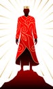 Black king standing on a rocky hill with golden crown and embroidered red coat, vector illustration