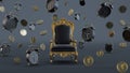 black king throne withe alarm clock and dollar coins flying on dark background, time is money concept,