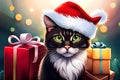 Black kitten with Christmas hat and gift boxes Royalty Free Stock Photo