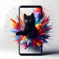 Black kitten coming out of the screen of a smartphone.