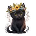 Black kitten in a floral crown made of spring flowers. Cartoon character for postcard, birthday, nursery decor.