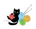 Black kitten playing with colored balls of wool. Vector illustration