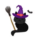 Black kitten in a purple witch hat sits next to a witch`s broom and a bat Royalty Free Stock Photo