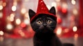 Black kitten in a red wizard\'s cap. Kitten celebrates New Year