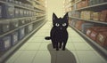Black kitten walks between the shelves in the store Royalty Free Stock Photo